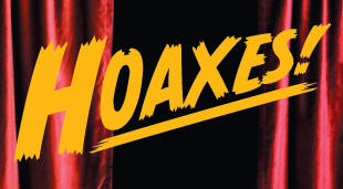 The Hoaxes! logo — the word HOAXES in yellow jagged lettering against a red theater curtain