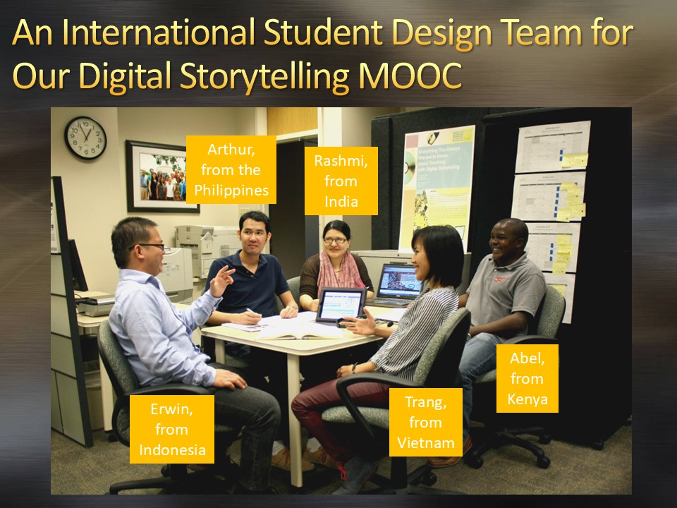 Slide reading 'An International Student Design Team for Our Digital Storytelling MOOC,' showing Erwin from Indonesia, Arthur from the Philippines, Rashmi from India, Trang from Vietnam, and Abel from Kenya seated around a table